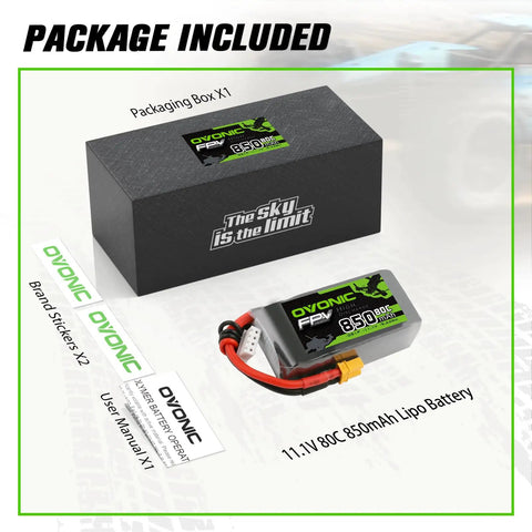 Package of 3S 11.1V 850mAh 80C LiPo Battery with XT30 Connector for RC FPV racing drones, quadcopters, airplanes, and helis soft case