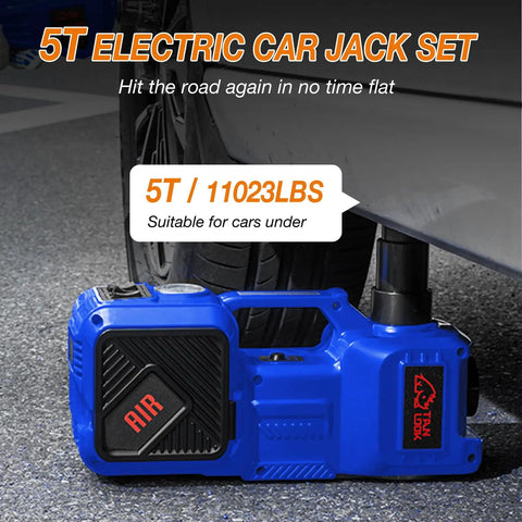 Beefy Heavy Duty Electric Car Jack Kit With Hydraulic Lift 5 Ton, Tire Inflator And Impact Wrench, 12V Floor Jack For Sedans, SUVs, MPVs And Trucks, Ideal For Tire Changes And Garage Repairs. 5T/11023LBS electric car jack lifting a vehicle