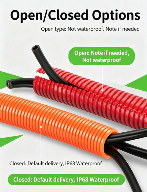 Pro Grade Heavy Duty Flexible PP Corrugated Conduit For No Sweat Wire Routing And Flame Resistant Cable Armor Tough Ribbed Cover in open and closed types.