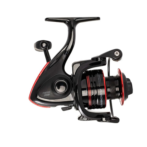 Side view of VC20BB Finesse 2000 Sized Spinning Reel with Dope Carbon Fiber Frame for Lightweight Strength and Cold Forged Aluminum Spool.