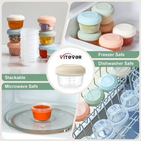 Eight Pack 2 Oz Salad Dressing Containers To Go With Lids For Lunch Boxes And Bento, Reusable Plastic Snack Jars shown stacked and in dishwasher