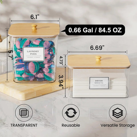 Clear Acrylic Laundry Pods Storage Container Set With Wooden Lids And Scoops, Includes Dryer Sheet Holder And Waterproof Labels, Perfect For Detergent And Scent Boosters, Keeps Your Laundry Room Fresh And No Sweat, showing laundry pods and dryer sheets.