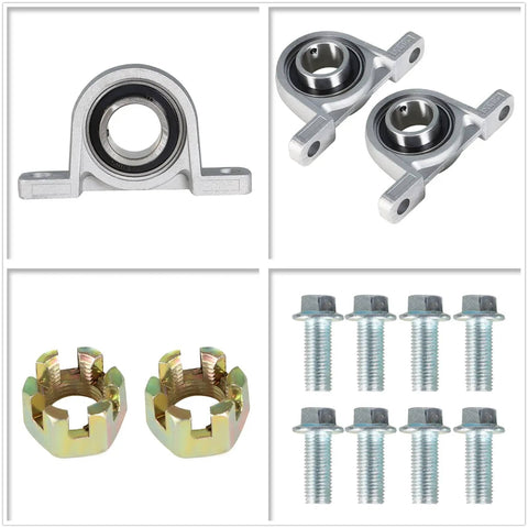 Rear Axle Assembly Kit For 32 Inch Go Karts With Shaft Hub And Chain Brake Master Cylinder And 428 108L Chain Fits 6 To 10 Inch Wheels Beefy Heavy Duty Chrome Construction For ATV Quad Drift Trikes components including pillow blocks, bolts, and castle nuts in chrome and metal finish