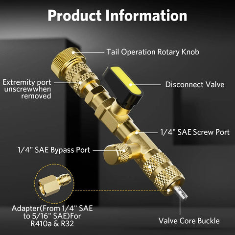 Diagram of Valve Core Remover And Installer Tool Pro Grade with brass adapter, dual size SAE ports, and labeled components.
