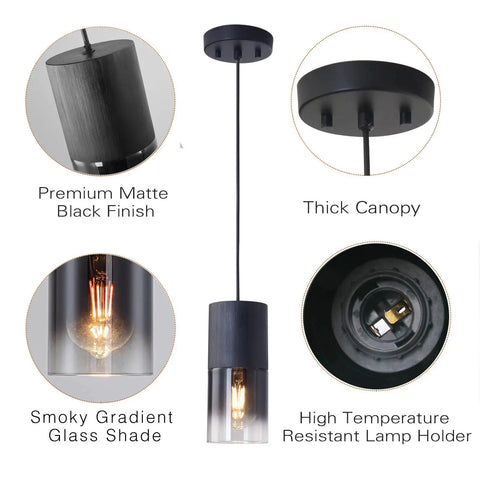 Two Pack Adjustable Black Gradient Glass Pendant Lights With Matte Black Finish showing components and features