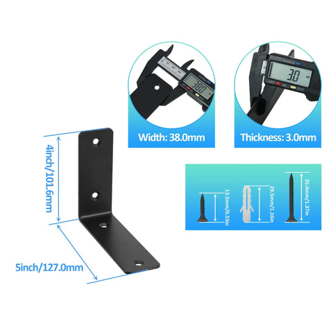 Badass Heavy Duty Black L Brackets For Floating Shelves, 4 Pack Rock Solid Wall Mount Hardware, 5 X 4 Inch Sturdy Iron Shelf Supports, 3mm Thick One Piece Metal For Heavy Loads, dimensions shown.