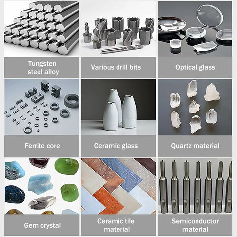 Collage of tungsten steel alloy, drill bits, optical glass, ceramic glass, quartz material, gem crystals, and semiconductor materials.