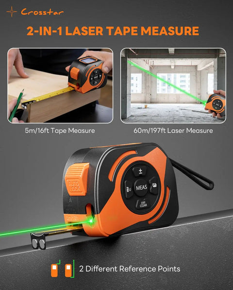Built Tough 2 In 1 Laser Tape Measure With 197 Foot Range And Bright Green Beam showing the 16ft tape and laser module in use.