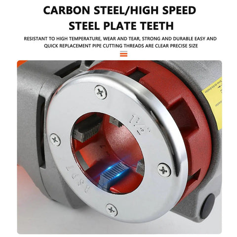 Close-up of the carbon steel die on the Portable Electric Pipe Threader Kit With Super Workhorse 2000 Watt Motor.