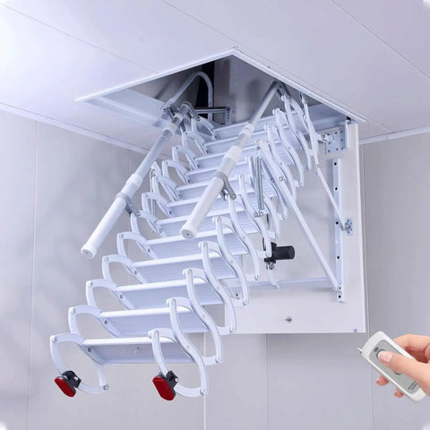 Smooth As Butter Electric Attic Pull Down Ladder Featuring Ace Smart Remote Telescopic Loft Stairs folded in ceiling access.