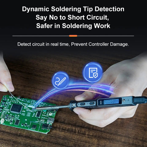 Smart Soldering Iron Upgrade TS101 With PD And DC Power 90W max in use on circuit board, dynamic tip detection displayed on OLED screen