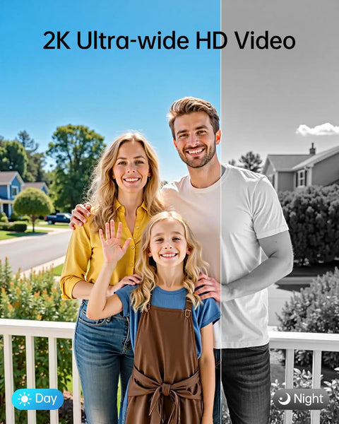 No Sweat Smart Front Door Lock With 2K HD Camera Video Doorbell Kit display showing day and night modes.