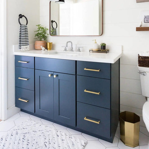 Bathroom vanity with 10 Pack 5 Inch Brushed Brass Cabinet Pulls Gold Drawer Pulls Premium Quality Cabinet Hardware
