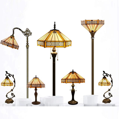Yellow Hexagon Tiffany Style Stained Glass Lamp For A Cozy Vibe Mission Table Desk Bedside Reading Light 12 Inch Shade Display