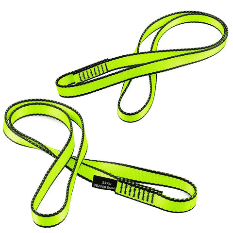 Two green 18mm nylon climbing sling runners, 23KN webbing straps for outdoor rock climbing and rappelling, CE2008 EN566 certified.