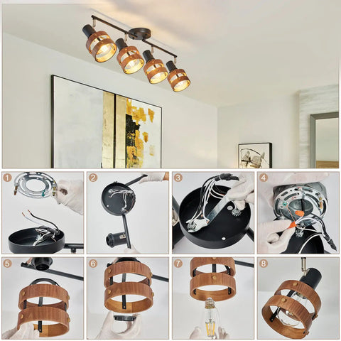 Four Head Black Track Lighting With E26 Sockets Adjustable Spotlight Heads And Wood Accent Dope Farmhouse Vibe Modern Ceiling Light installation guide