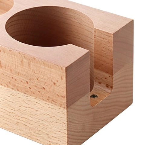 Buttery Smooth Espresso Tamper Station Crafted From Solid Natural Wood 58mm multifunctional coffee bar organizer close-up view.