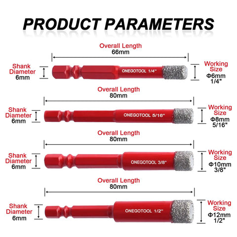 6 Pack Vacuum Brazed Diamond Drill Bits Set For Dry Masonry Core Drilling Sizes 1/4 5/16 3/8 1/2 Inch Shank Diameter 6mm