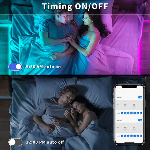 Bluetooth LED Strip Lights For Bedroom 32.8 Feet With Remote And 24V Power Supply, timing app to control light colors.
