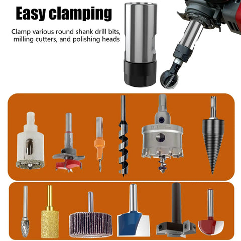 Threaded Angle Grinder Extension Rod to Drill Adapter with ER16 Spring Collet Set and various drill bits displayed