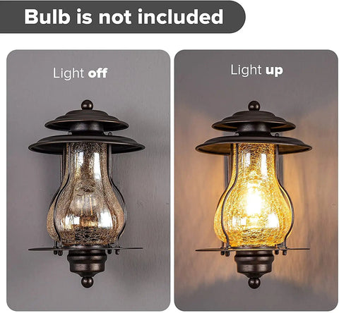 Outdoor Wall Lantern Sconce Lighting for Front Porch and Backyard showing light off and on with faux cracked glass and rustic aluminum design