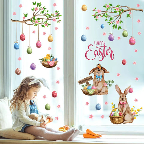 Happy Easter Totally Cute Wall Decals Set With Bunny And Eggs Tree Branch Design Peel And Stick Window Clings on window