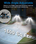 Diagram showing solar motion sensor flood lights outdoors three head design illuminating 1600 sq ft area with wide angle coverage.
