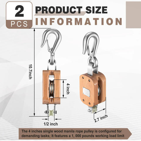 Two Pack Four Inch Wood Manila Rope Pulley Block With Hook Single Wheel Cable Pulley Half Inch Rope Two And A Quarter Inch Sheave 1000 Lbs WLL For Light Industrial Construction And Marine Projects, showing product size details