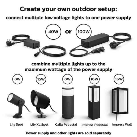 Impress Outdoor Smart Wall Light With Color Ambiance LED, 16W Black Finish; shown with power supply options and T connector.
