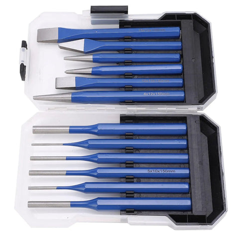 12-Piece Chisel and Punch Kit for DIY Projects, Pro-Grade Chrome Steel Tools featuring blue-handled tools in a plastic case.