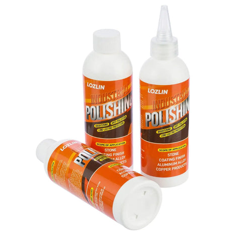 Pro Grade Granite Marble Quartz Countertop Polishing Paste And Stainless Steel Scratch Remover in three bottles on a white background.
