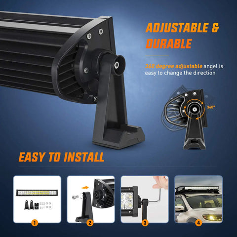 22 Inch 120W LED Light Bar Flood And Spot Combo For SUV Truck ATV UTV Boat Off Road Driving Lights IP67 Waterproof Long Range Vision And Durable Construction showing adjustable mount and installation guide