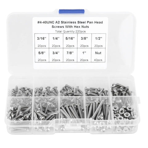 Dope 304 stainless steel pan head screws with hex nuts and washers set for serious machinery hardware maintenance, featuring 220 pieces.