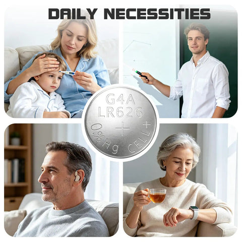 Hella Reliable 1.5V Alkaline Watch Batteries 377 LR626 AG4 SR626SW Coin Cell in a lifestyle setting with families and gadgets.