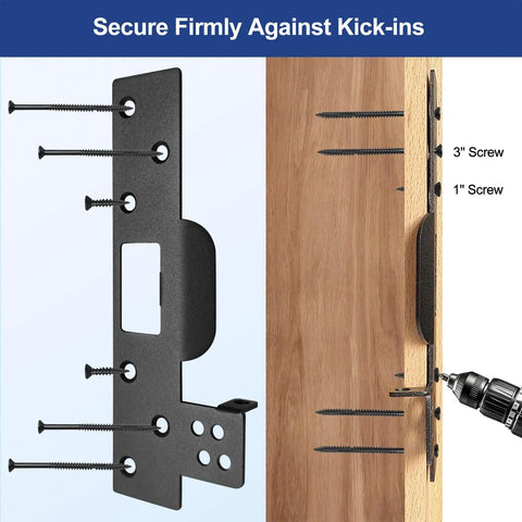 Heavy Duty Security Strike Plate With Integrated Anti Kick Barricade Pins For Badass Front Door Reinforcement and Double Layer Home Protection That Locks Everything Down Tight, shown with screws on wood.