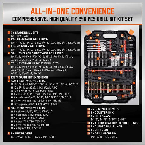 Image of Premium 246 Piece Drill Bit Set for Wood Metal Concrete with Screw Driving Kit in Organized Carrying Case.