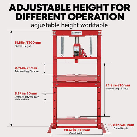 Built Like A Tank This 12 Ton Heavy Duty Hydraulic H Frame Shop Press showing adjustable height specs and measurements.