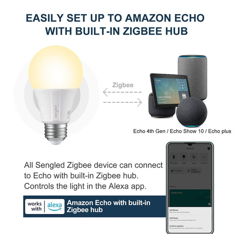 Zigbee Smart Light Bulbs 8 Pack With Hub Required For Your Smart Home Works With SmartThings And Echo Devices With Built In Hub Voice Control With Alexa And Google Home Soft White 60W Equivalent A19 LED Bulbs showcasing setup with Amazon Echo.