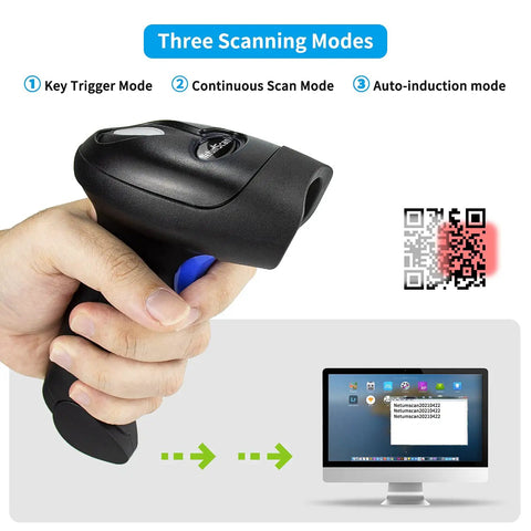 Handheld USB Barcode Scanner for Computers in use, showing scanning modes with QR code example and computer interface.