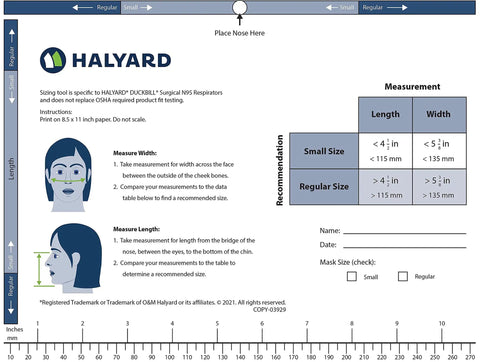 Halyard N95 particulate respirator mask fitting guide chart with measurement instructions.
