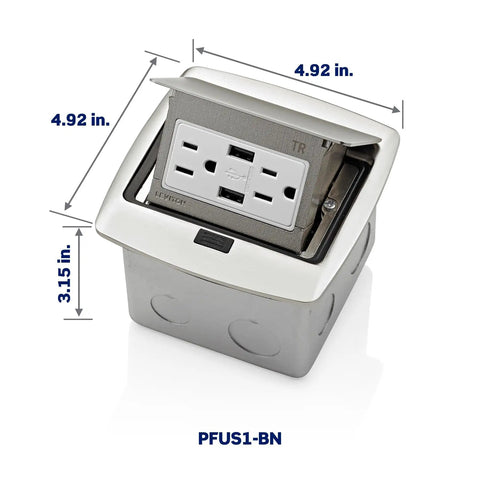 Pop Up Floor Box With Dual USB Type A Charger And 15 Amp Outlet In Brushed Nickel, Low Profile Floor Recessing Cover