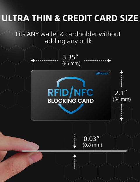 Ultra-slim RFID Blocking Card 6 Pack No Skimming Wallet Shield Anti Theft NFC Blocker, dimensions shown in inches and mm.