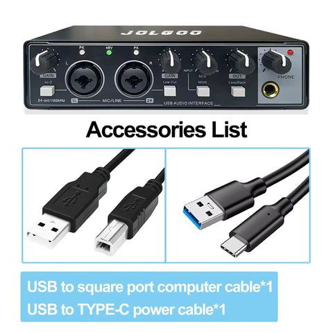 Front view of 2x2 USB Audio Interface with Phantom Power, 24-Bit/192kHz Recording Card, including USB cables