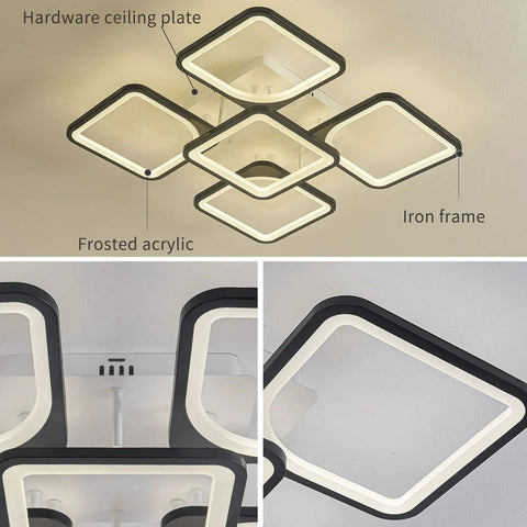 Five Heads Square LED Ceiling Light With Remote Dimmer And Memory Function 3000K To 6000K Dimmable White And Black Flush Mount Fixture