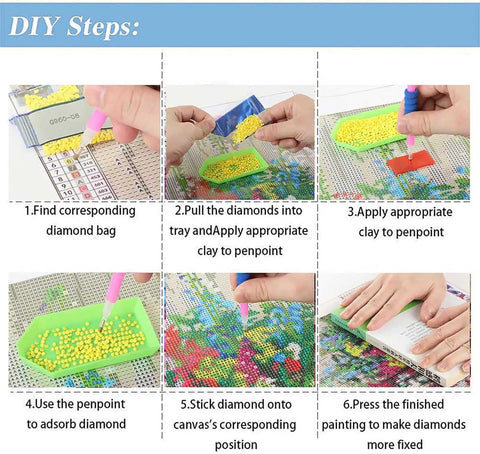 Beginner Friendly Diamond Painting Kit For Adults 5D DIY Full Round Drill Waterfall Landscape Art Set Paint By Diamonds Dot Gem Art Crystal Flower Easy Home Wall Decor Includes Sticky Canvas And Tools 13.7 By 13.7 Inches, showing step-by-step DIY instructions.