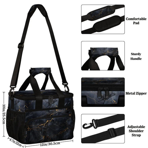 Insulated Picnic Backpack For Work Beach And Travel With Large Capacity Lunch Bag showing dimensions and strap details.