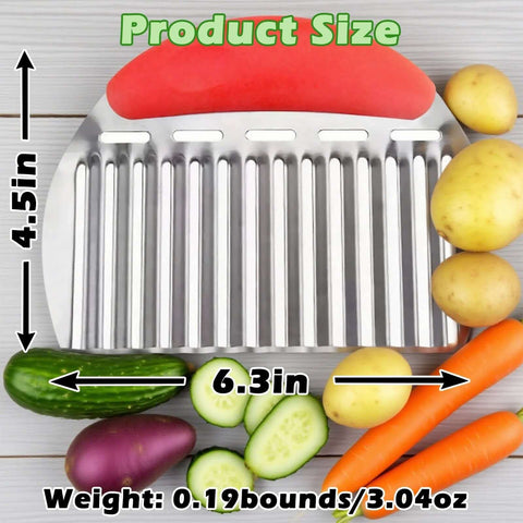 Suuker large stainless steel crinkle cutter with red handle; front view with potatoes, cucumbers, and carrots.