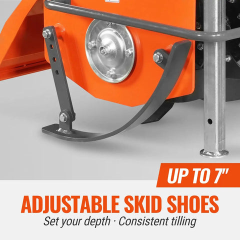 Close-up of adjustable skid shoes on 72 Inch Rotary Tiller With Gear Drive For 3 Point Hitch Cat 1 And 2 PTO Shaft Included MRT72