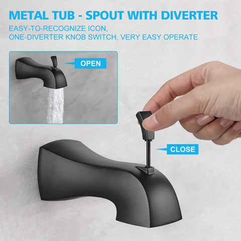 Single-Handle Tub And Shower Faucet Set With Pressure-Balancing Valve Included, matte black spout with diverter detail