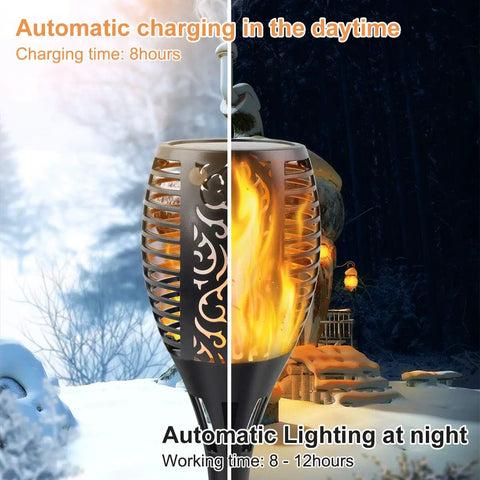 Lit Upgraded Solar Flame Lights Outdoor 3 Options Solar Torch Waterproof Dancing Flame Post Lights For Garden Pathway Yard split view day night